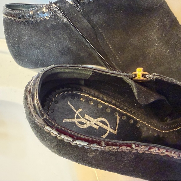 Yves Saint Laurent Shoes - Yves Saint Laurent Black Suede Ankle Booties with Patent Trim